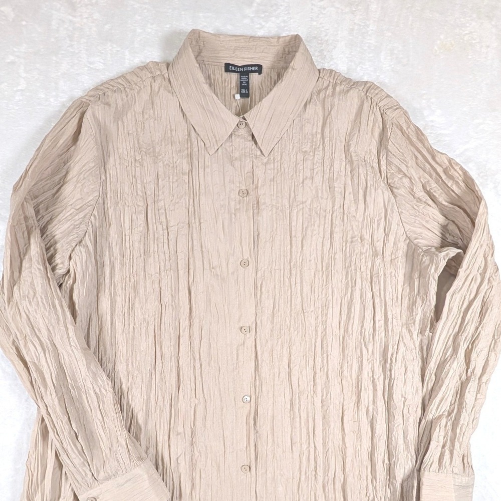 Eileen Fisher Crinkle Silk Habutai Button Front Shirt Beige Tan Womens Large